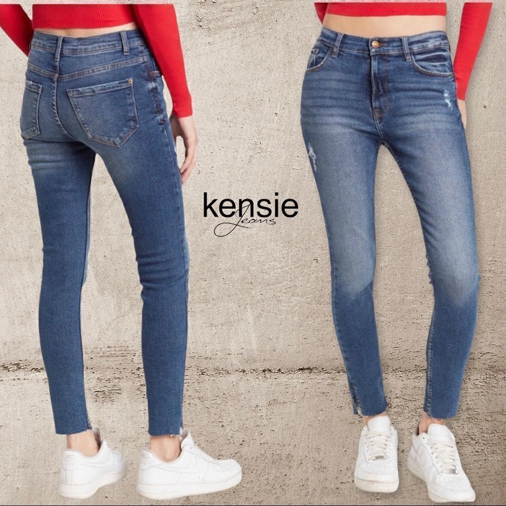 Kensie High Rise Skinny Jeans Distressed Size 4 / 27 Raw Hem Side Slit